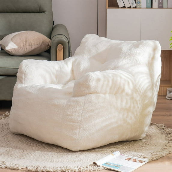Soft Tufted Foam Bean Bag Chair for Adults Teens, Fluffy Lazy Sofa Teddy Fabric Bag, Comfortable Couch, Stuffed Sofa, Reading Chair, Lounge Chair for Bedroom Living Room Apartment, Ivory White