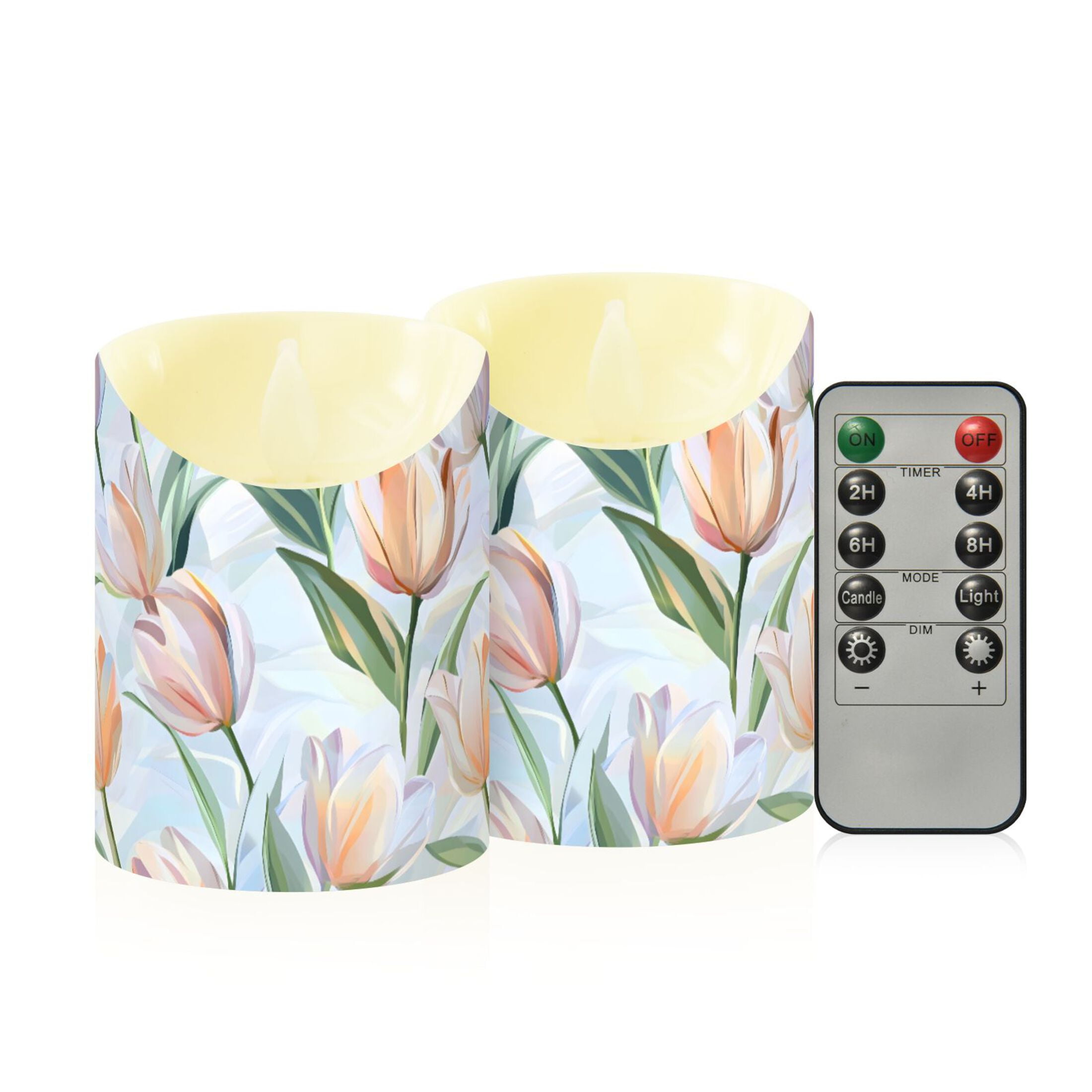 Soft Tulip Pattern Flameless Candles 2 PCS with Remote Realistic Moving Flame LED Tapered Pillar Set for Home Decor