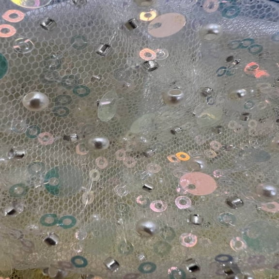 Soft Tulle Mesh Fabric Heavily Embellished with Sequins, Beads Pearls