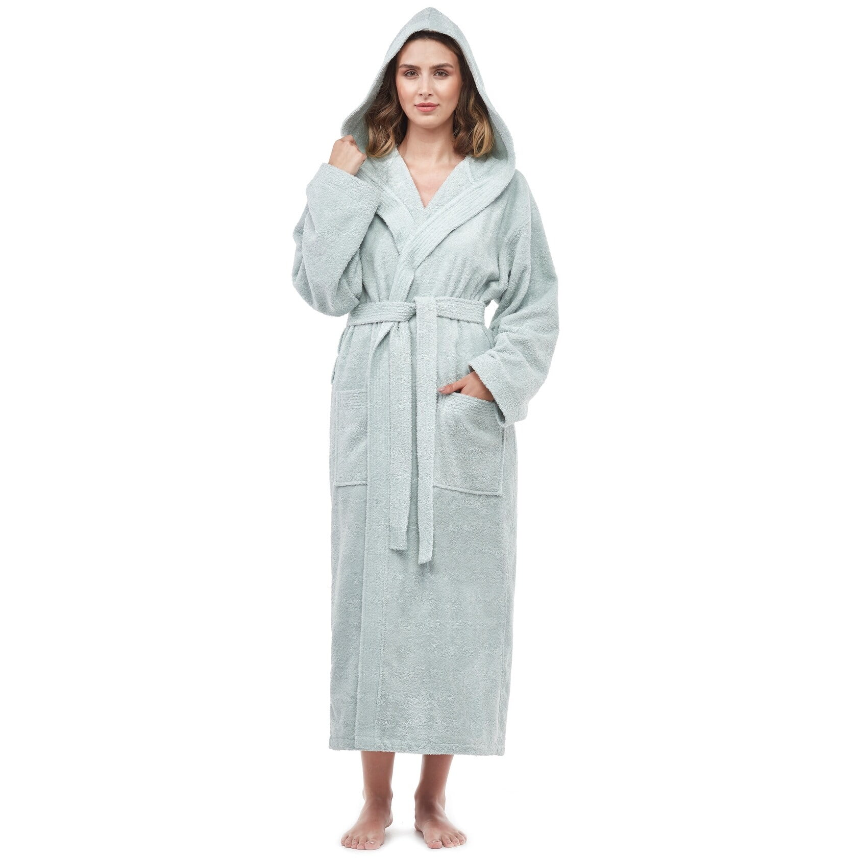 Luxurious Seafoam Terry Cotton Hooded Bathrobe - Large