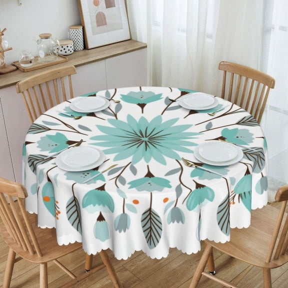 Soft Turquoise Floral Mandala Round Tablecloth Waterproof Oil Proof Spill Proof Table Cloth 70" for Camping, Dining, Indoor and Outdoor Table Cover