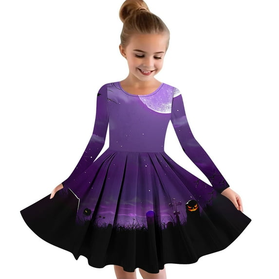 Soft Twirly Stretchy Casual Dress for Toddler Girl Long Sleeve Round-Neck Dress 4-14 Years Children and Girls' Halloween Printed Princess Dress Long Sleeved Round Neck Dress Multicolor 160