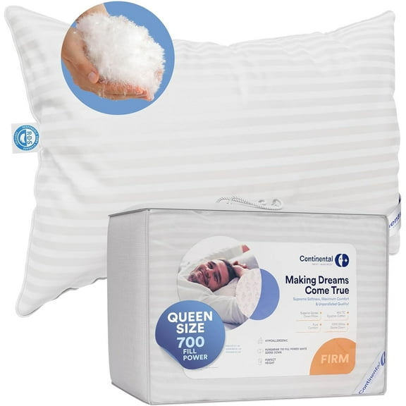 Continental Bedding Hungarian White Goose Down Firm Hotel Bed Pillow 100% Cotton Shell with 700 Fill Power -Firm, Queen Size, Pack of 1, 20x30 Inch