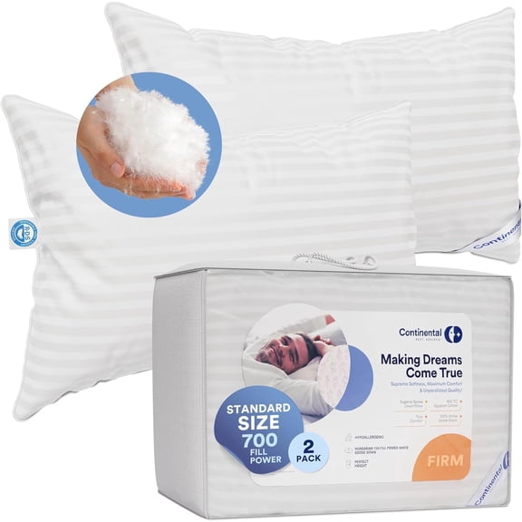 Continental Bedding Hungarian White Goose Down Firm Hotel Bed Pillow 100% Cotton Shell with 700 Fill Power -Firm, Standard Size, Set of 2, 20x26 Inch