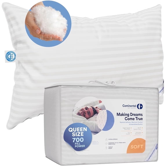Continental Bedding Hungarian White Goose Down Soft Hotel Bed Pillow 100% Cotton Shell with 700 Fill Power -Soft, Queen Size, Pack of 1, 20x30 Inch