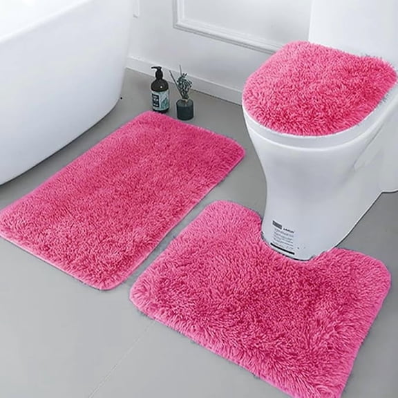 Soft Ultra-Fine Fiber Bathroom Carpet Set Of 3 Pieces, Anti Slip Bathroom Carpet, Bath Mat+Base Mat+Toilet Seat Cover, Rose Pink