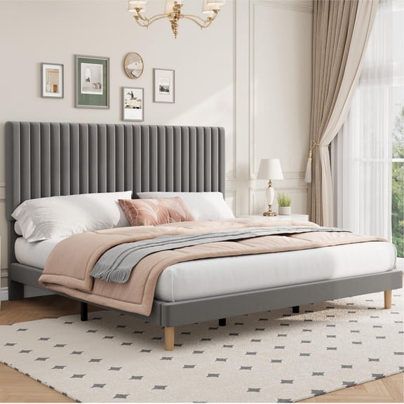 Soft Upholstered Bed Frame – Adjustable Headboard – Vertical Channel Tufted – Strong Wooden Slats – No Box Spring Required – Easy Assembly – Available in Queen, Full, and King – Colors: Black, Beige