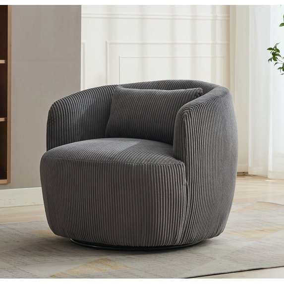 Soft Upholstered Corduroy Accent Chair in 35 Inch Size with 360 Degree Swivel and Pillow for Living Room or Office