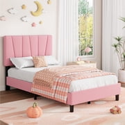 Soft Upholstered Platform Bed Frame with Adjustable Tufted Headboard   Strong Wooden Slats, No Box Spring Needed, Easy Assembly, Mattress Foundation   Modern Bedroom, Pink, Twin Size