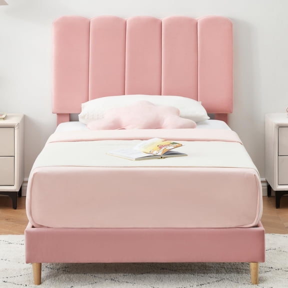 Soft Upholstered Platform Bed Frame with Wave Headboard for Girls - Crystal Diamond Tufted - Strong Wood Slat Support - No Box Spring Needed - Easy Assembly - Twin Size - Pink