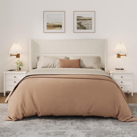 Soft Upholstered Platform Bed Frame with Wingback Headboard – Sturdy Wood Slats, Noise-Free, Easy Assembly, No Box Spring Needed – Queen Size, Offwhite Flannel