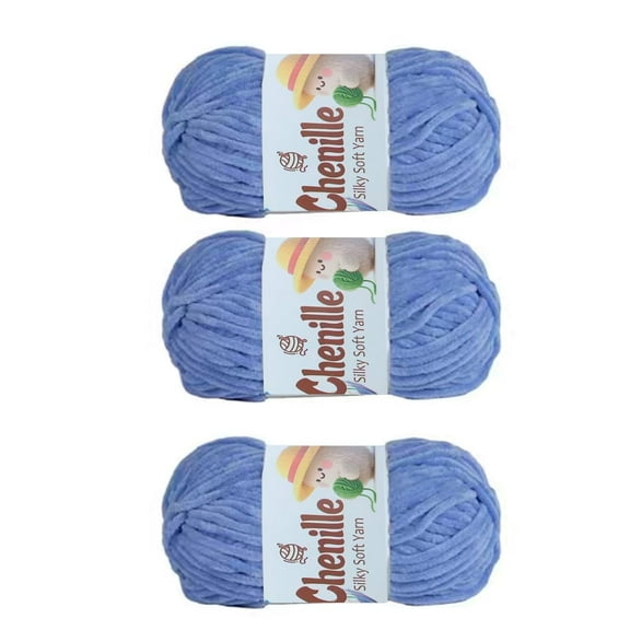 Soft Velvet Chenille Yarn Bulky Weight for Crocheting and Knitting Projects, Amigurumi, 3 Skeins of 100g Each (82 Yards per Skein) in Blue