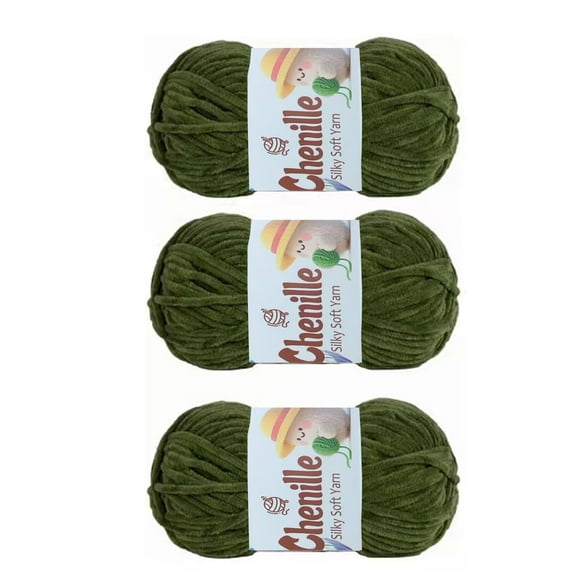 Soft Velvet Chenille Yarn Bulky Weight for Crocheting and Knitting Projects, Amigurumi, 3 Skeins of 100g Each (82 Yards per Skein) in Green