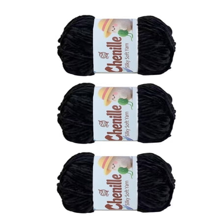 Soft Velvet Chenille Yarn Bulky Weight for Crocheting and Knitting Projects, Amigurumi, 3 Skeins of 100g Each (82 Yards per Skein) in Black