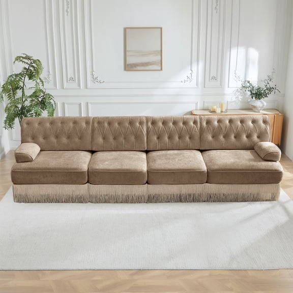Soft Velvet Fabric, Button Tufted Design Chesterfield Style Sofa, Tassel Skir, Modular Combination Design, Premium Wooden Base,Easy to Assemble, High-density High Resilience Foam for Lounge (Camel)