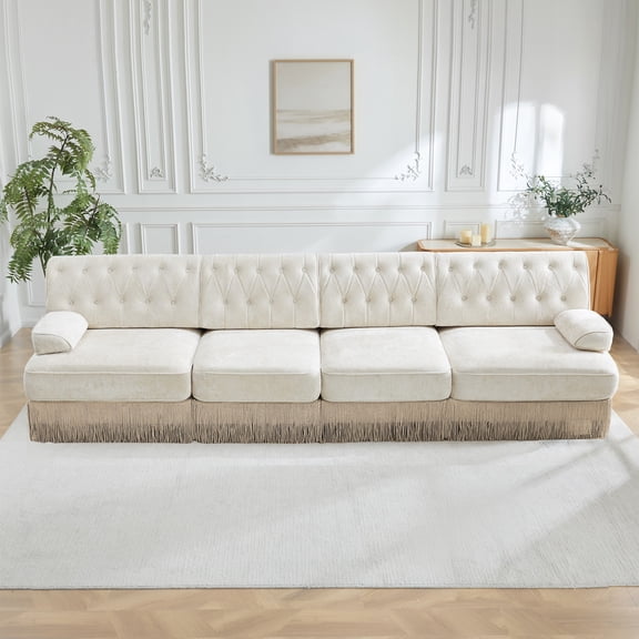 Soft Velvet Fabric, Button Tufted Design Chesterfield Style Sofa, Tassel Skir, Modular Combination Design, Premium Wooden Base,Easy to Assemble, High-density High Resilience Foam for Lounge (Beige)