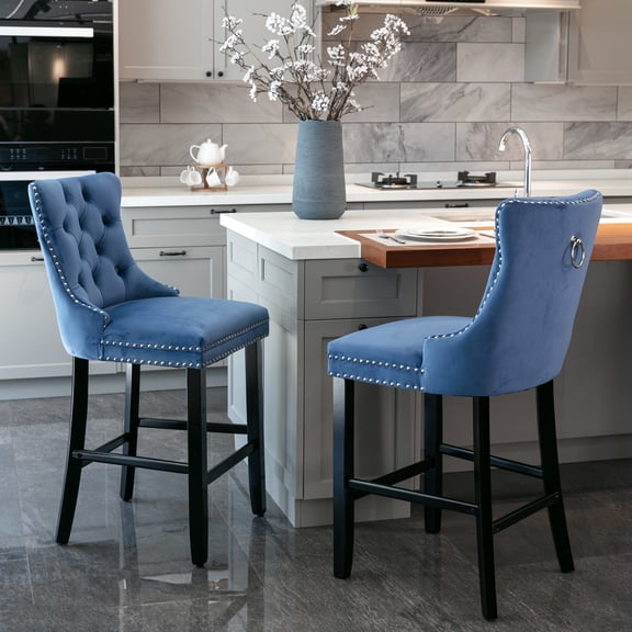 Soft Velvet Finish - High - rebound Sponge Cushion - Home Seating - Blue Barstools in Set of 2