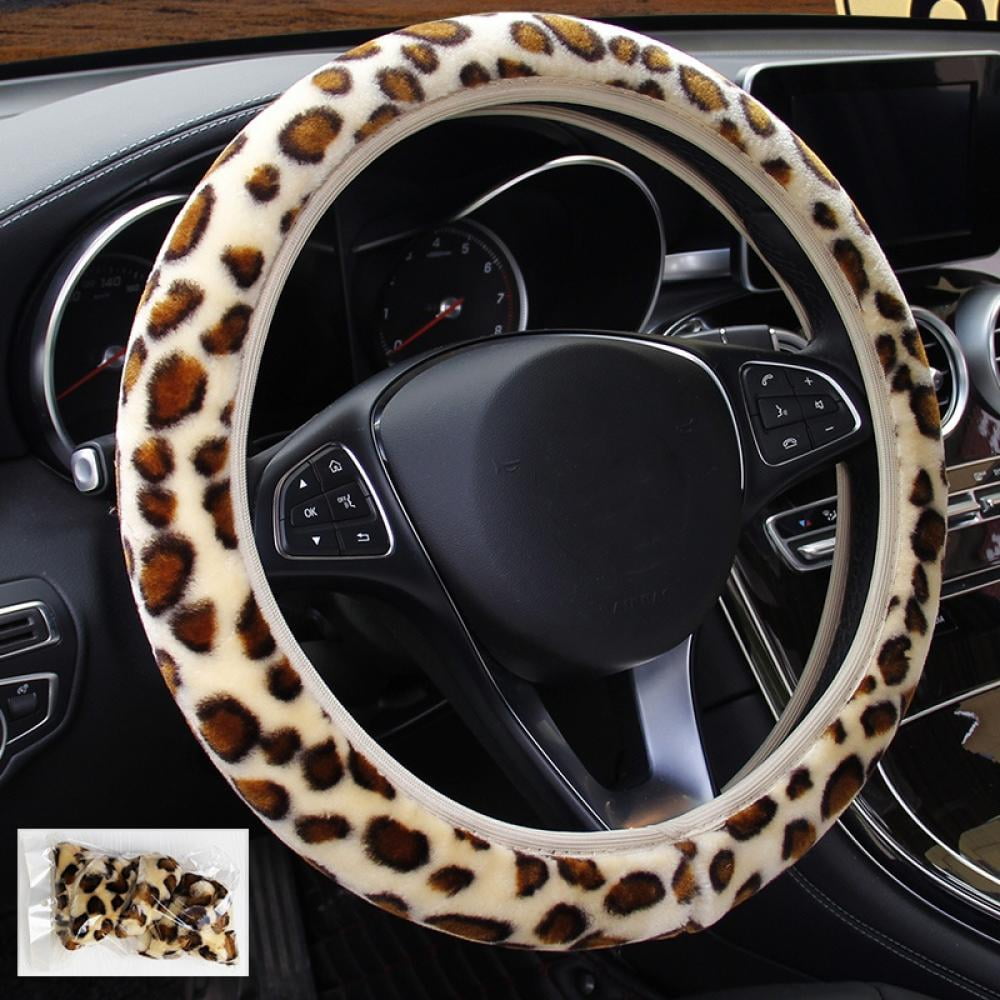 Soft Velvet Fluffy Cheetah Leopard Print Steering Wheel Cover Fuzzy Hands Warm Universal 15 Inch for Women and Man Fit Vehicles Cars Trucks Gray