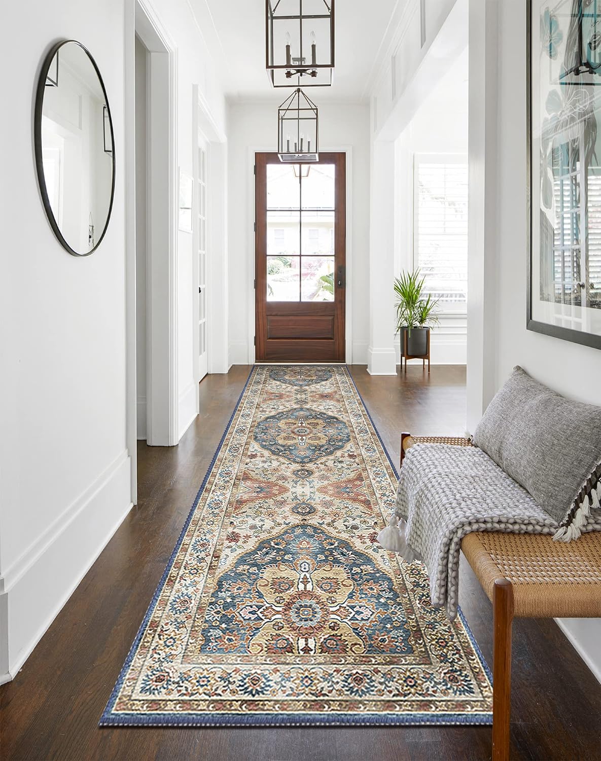 Soft Velvet Hallway Runner Rug Non Slip, Washable, Distressed Medallion Design 2'x10