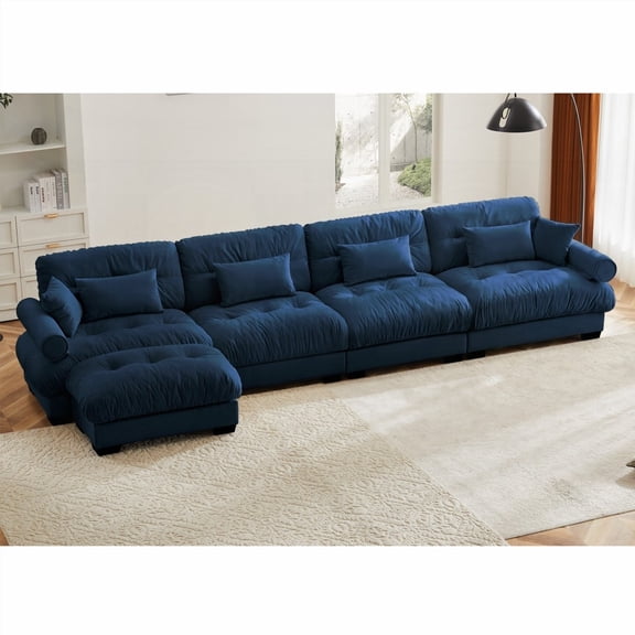 Soft Velvet L Shaped Sectional Sofa, 4 Seater, Blue
