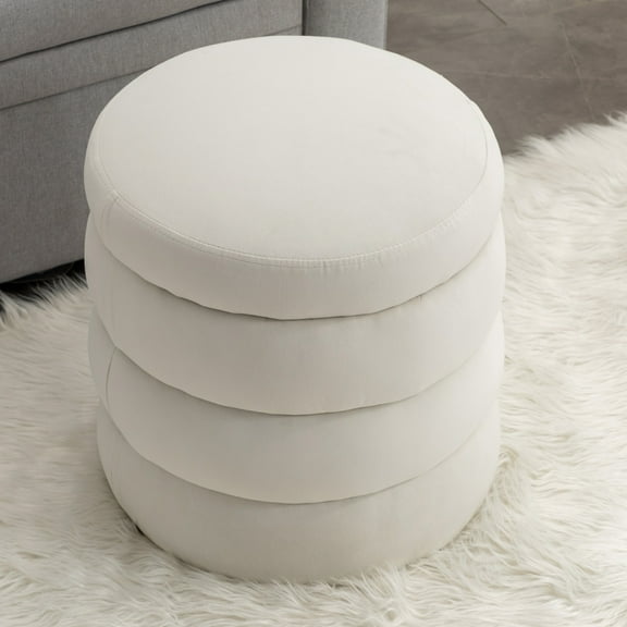 Soft Velvet Ottoman Legless Footrest Stool with Anti-Slip Pads, Modern Accent Pouf Round Chair for Makeup, Living Room, Bedroom Entryway, White