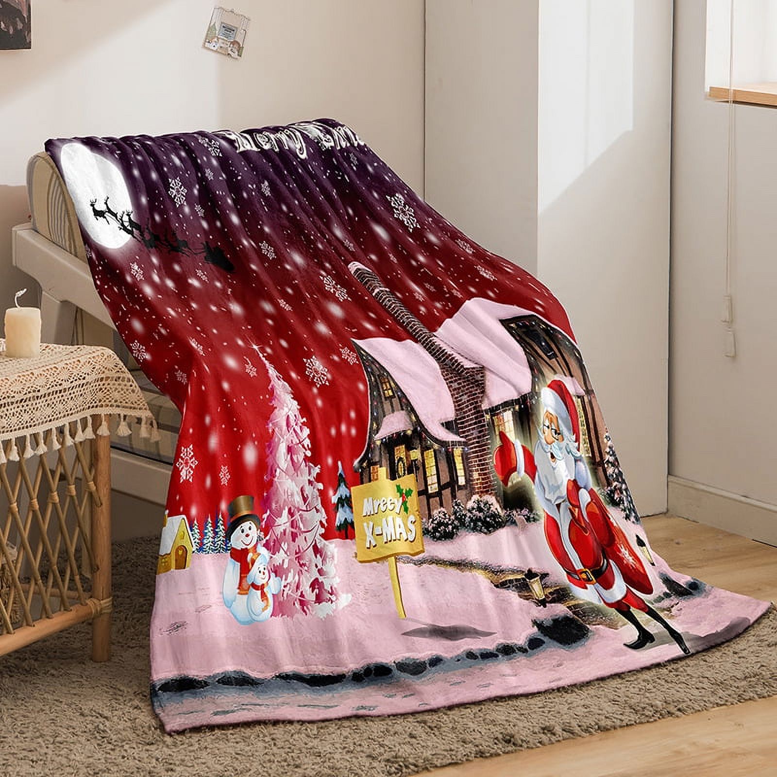 Soft Velvet Plush and Sherpa Fleece Holiday Throw Blanket, Christmas