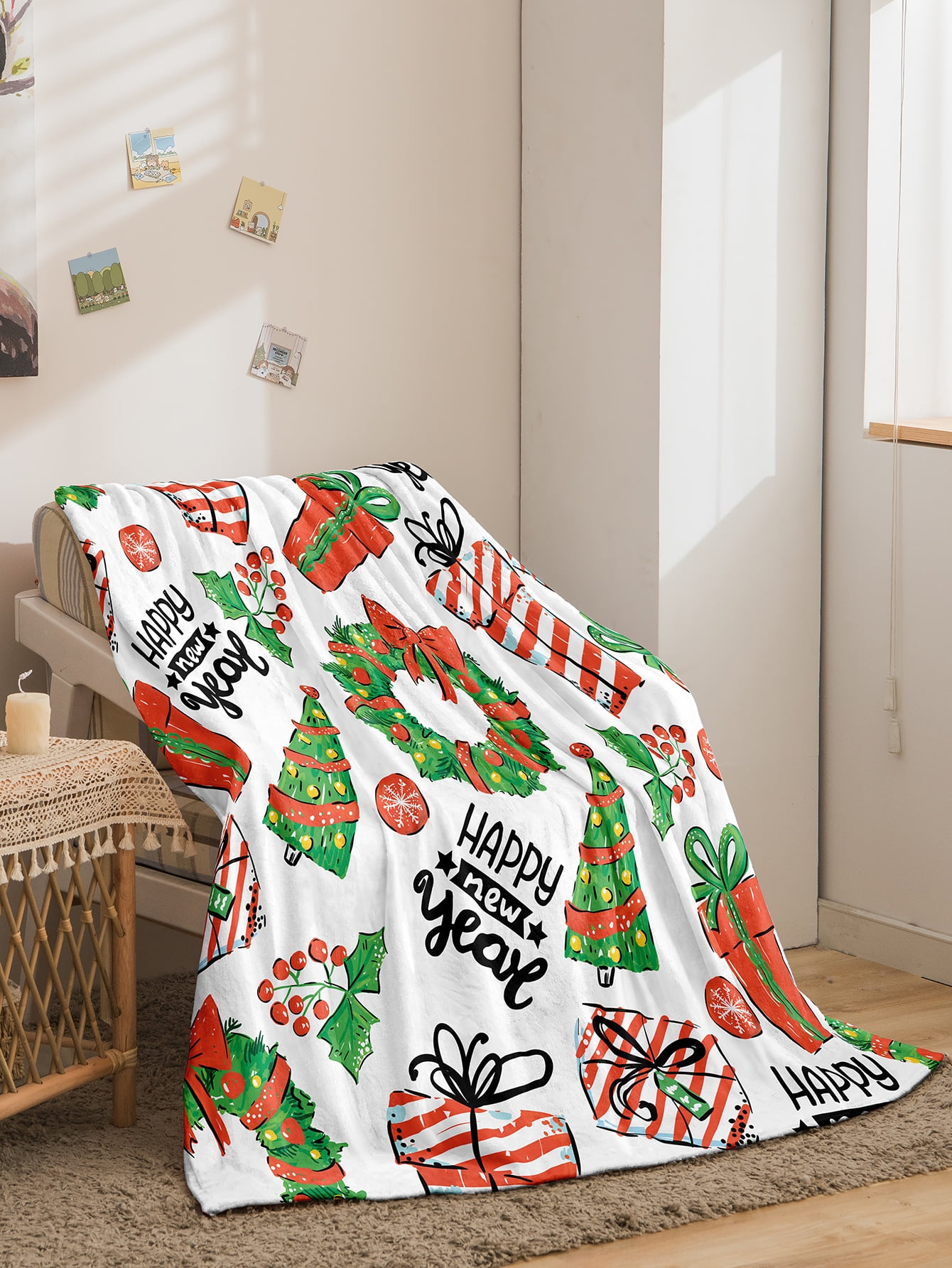 Soft Velvet Plush and Sherpa Fleece Holiday Throw Blanket, Christmas