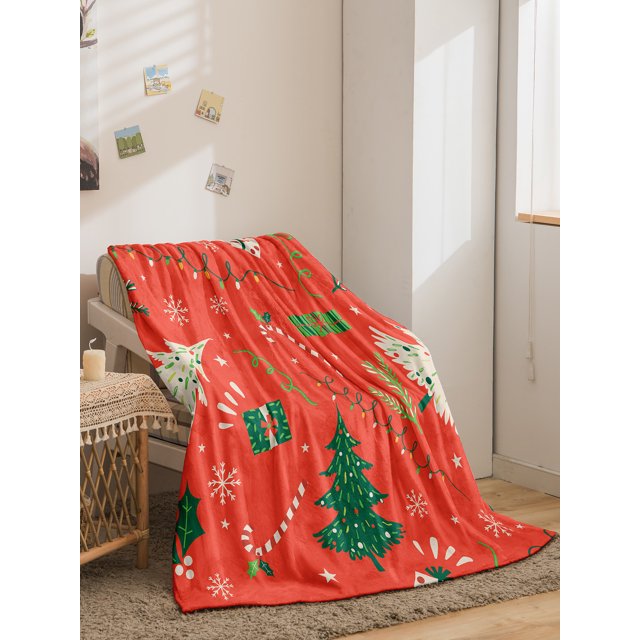 Soft Velvet Plush and Sherpa Fleece Holiday Throw Blanket, Christmas