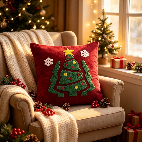 Soft Velvet Round Tufted Throw Pillow with Star Snowflake Ball Motifs, Christmas Embossed Decorative Cushion for Sofa Couch Bed and Living Room Decor (Multicolor)