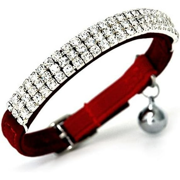 Soft Velvet Safe Cat Adjustable Collar Bling Diamante with Bells,11 inch for Small Dogs and Cats