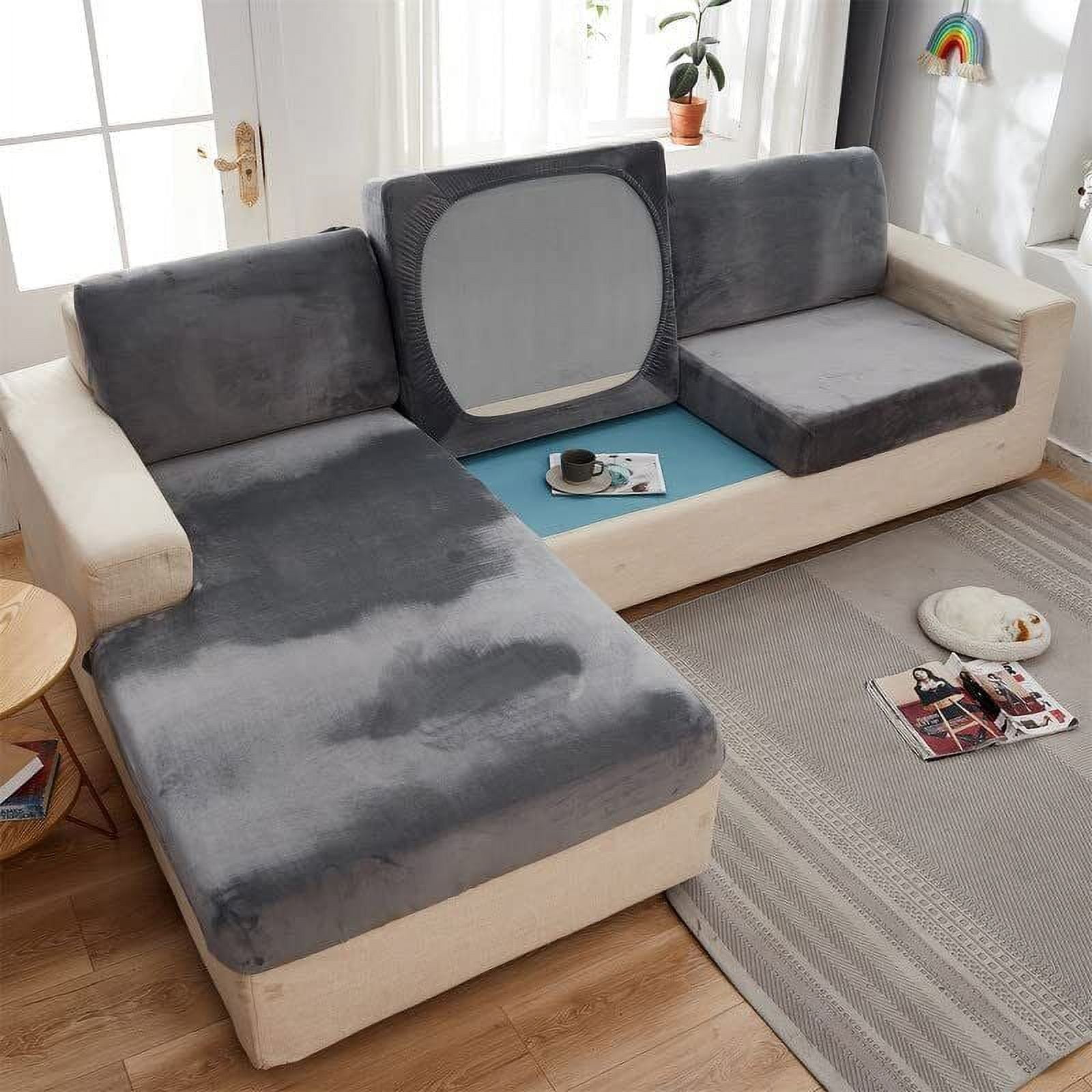 Soft Velvet Sofa Seat Cushion Cover Stretch Non Slip Sofa Cover Couch Cushion Covers for Sectional Sofa L Shape Sofa Cushion Slipcover Furniture
