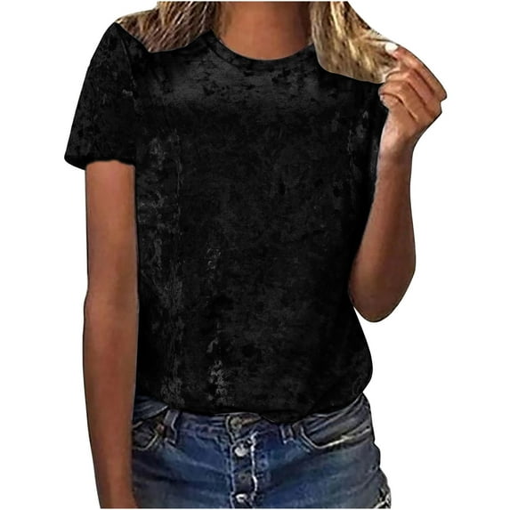 Soft Velvet Tops for Women Dressy Casual Loose Fit Crewneck Fashion Short Sleeve T-shirts Plain Tee Shirts (Medium, Black)