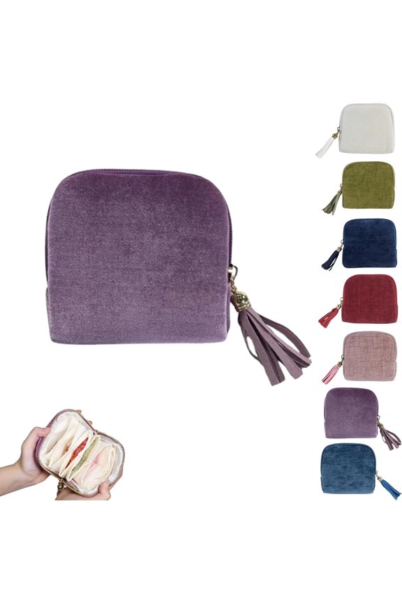 Soft Velvet Travel Jewelry Organizer, 5-Compartment Portable Case with Tassel Zipper Pouch