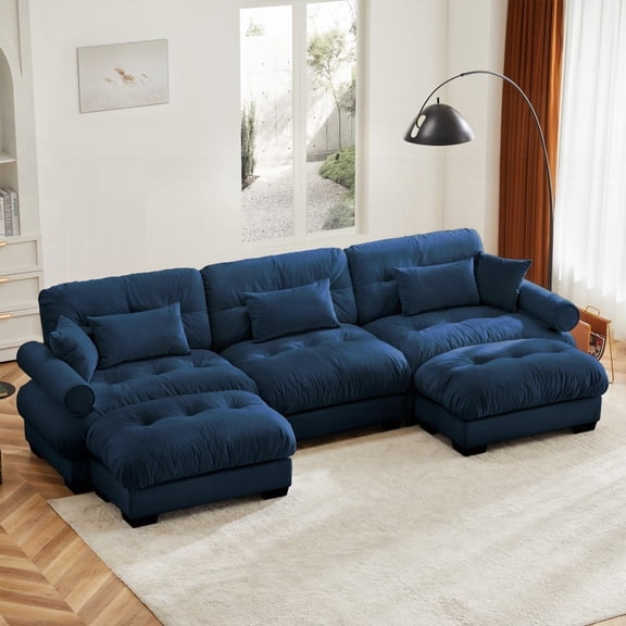 Soft Velvet U Shape Modular Sofa with Movable Ottomans, Blue