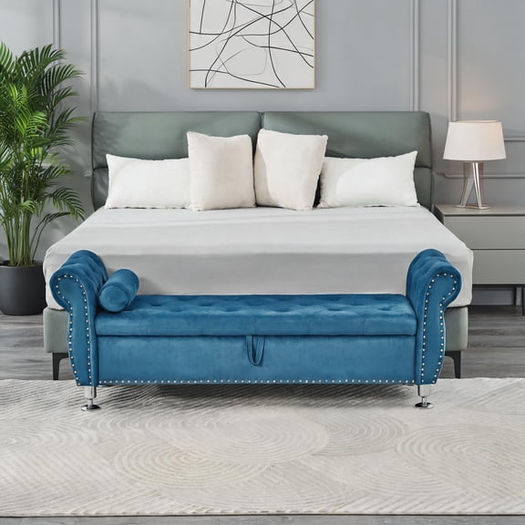 Soft Velvet Upholstered Glam Contemporary Flip Top Storage Bench, Seats 2, 62.2 Inch, blue finish