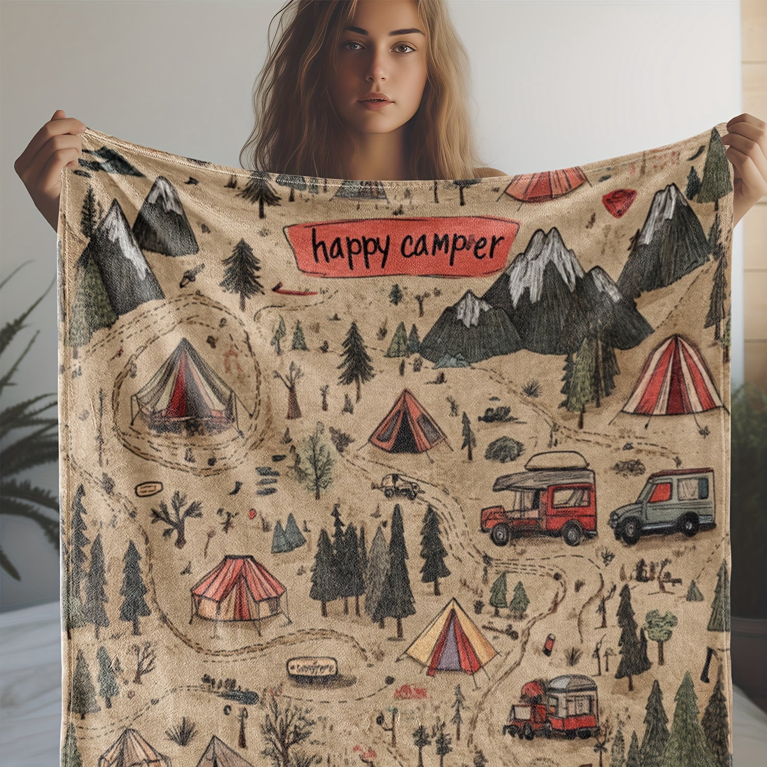 [Soft Vintage Route Mountain Blanket] Vintage Route Mountain and Car ...