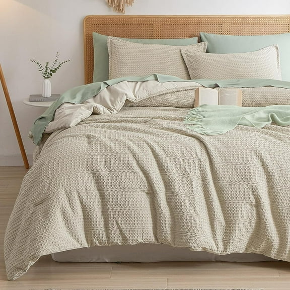 Soft Waffle Comforter Set King Size- Comfy Breathable Waffle Weave Comforter with 2 Pillow Shams, 3 Pieces Less Snagging Lightweight Textured Bedding Set for All Season, Natural/Linen