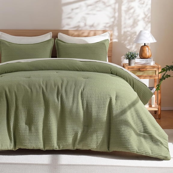 Soft Waffle Comforter Set Twin Size- Comfy Breathable Waffle Weave Comforter with 1 Pillow Shams, 2 Pieces Less Snagging Lightweight Textured Bedding Set for All Season, Olive Green