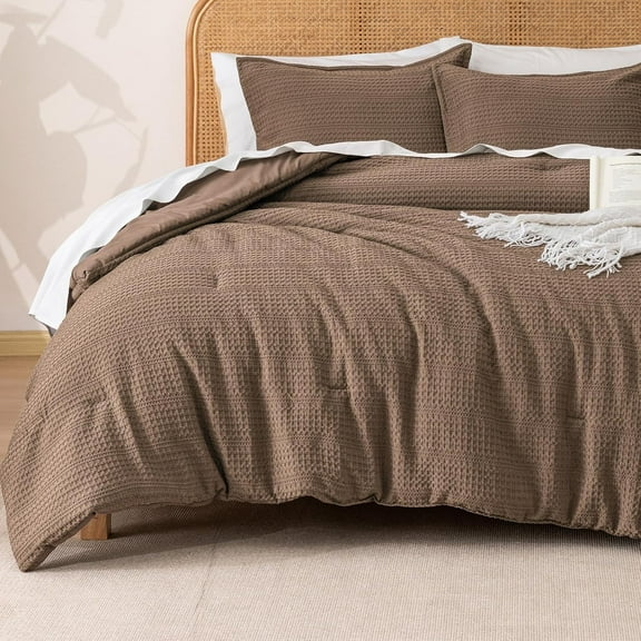 Soft Waffle Comforter Set Twin Size- Comfy Breathable Waffle Weave Comforter with 1 Pillow Shams, 2 Pieces Less Snagging Lightweight Textured Bedding Set for All Season, Cocoa Brown