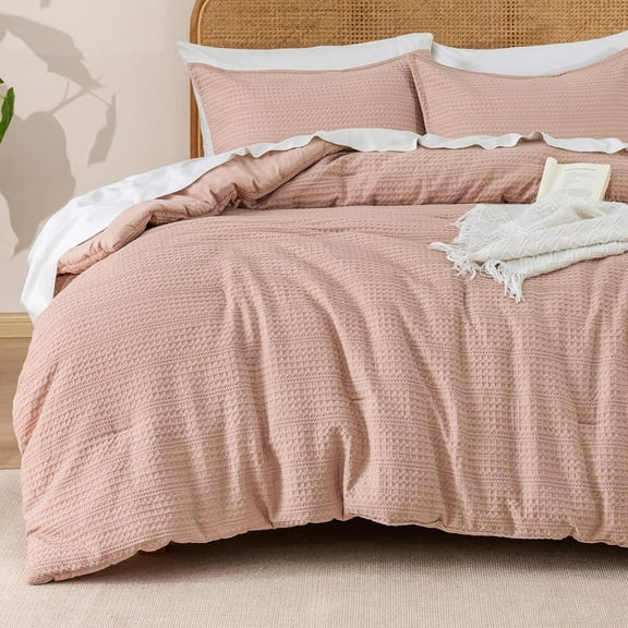 Soft Waffle Comforter Set Twin Size- Comfy Breathable Waffle Weave Comforter with 1 Pillow Shams, 2 Pieces Less Snagging Lightweight Textured Bedding Set for All Season, Rose Pink