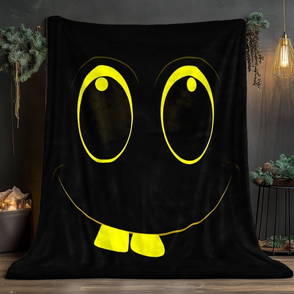Soft Warm Black & Yellow Face Throw Blanket - Heavyweight 280GSM Flannel Bedspread for Couch, Bed, Travel - 30x40in, 50x60in, 60x80in - Modern Decor with Neon Eyes - Cozy Gift for Home Camping