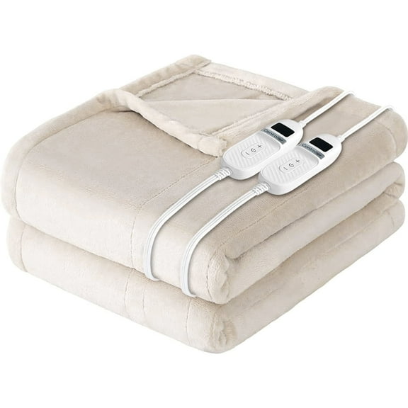 Electric Heated Blanket 100"×90" Flannel Blanket King Size with 10 Heating Levels & 8 Hours Auto Off Fast Heating, Beige