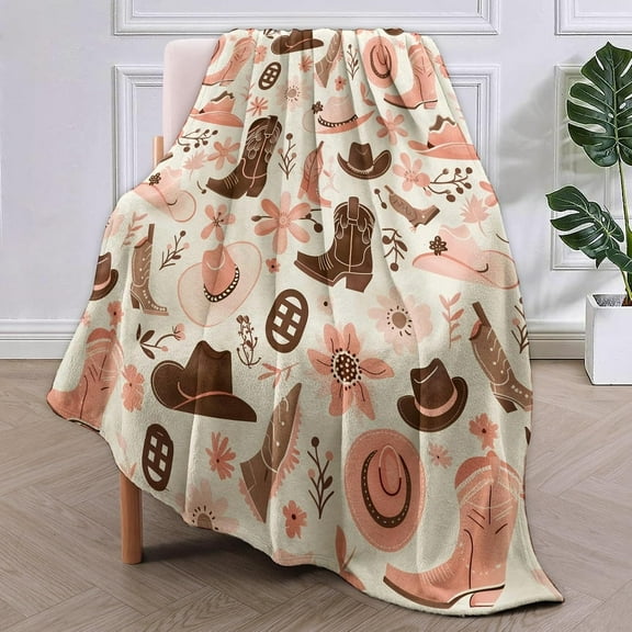 Soft Warm Cowboy Blanket Gift Cowboy Blanket Women Gift Western Hat And Boots Pattern Flannel Blanket Soft Warm Lightweight Blanket for Bed Sofa Home Travel Decoration