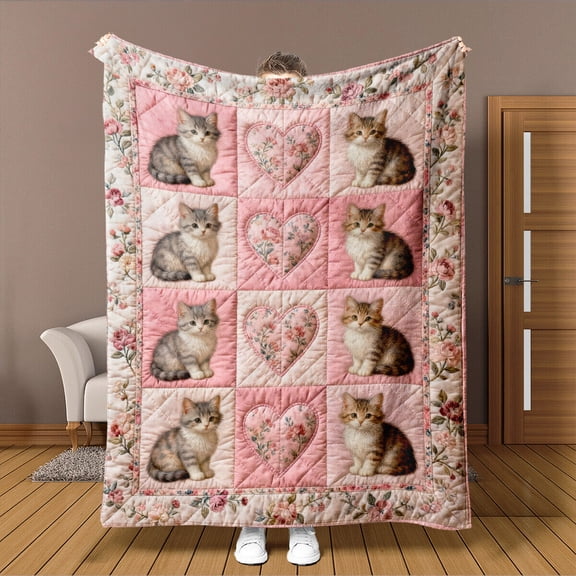 Soft Warm Cozy Flannel Blanket Suitable for Cats & Couples - Contemporary Bedspread with Cat Silhouettes & Hearts, - Couch Cover or Bedspread, -Ready Bed Cover for Cat Lovers (Flannel)