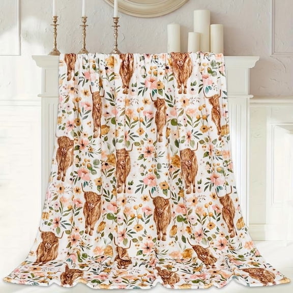 Soft & Warm Cozy Floral Highland Cow Print Flannel Throw Blanket - Machine Washable for Couch, Bed, Office, and Travel in Spring