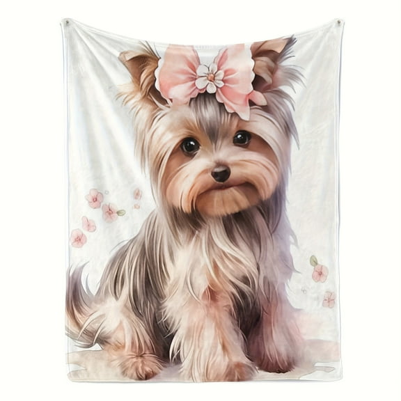Soft Warm Cozy Yorkshire Terrier Puppy Print Flannel Blanket - Heavyweight All-Season Bedspread, Light Beige-Friendly Polyester Fabric with Yorkshire Terrier Dog Design, Machine Washable Couch