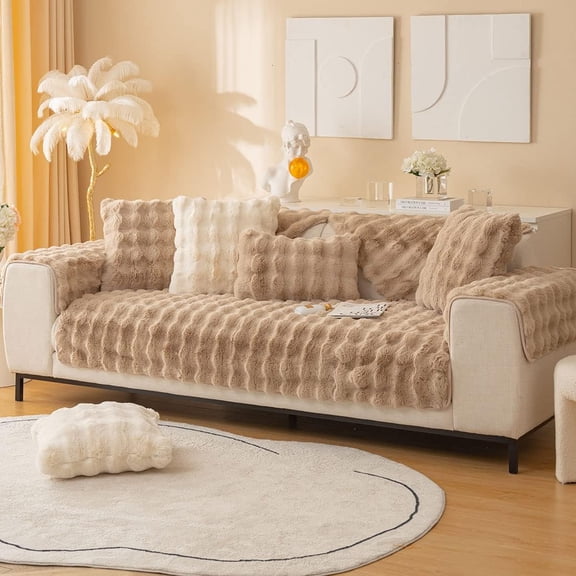 Soft Warm Faux Fur Couch Sofa Cover Thick Shaggy Fuzzy Sectional Couch Cover Non-Slip Solid Color Plush Sofa Slipcover Furniture Protector for Kids, Pets (Coffee,36"x47")
