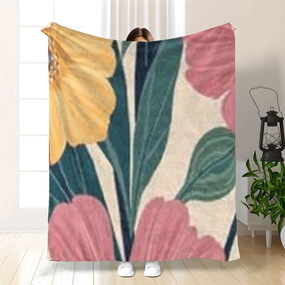 Soft Warm Flannel Bedspread Suitable for Sofa, Bed, Camping & Travel - with Green Pastel Botanical Print, All- Cozy Bed Cover, 280GSM Luxury Bedspread for, 2D Flat