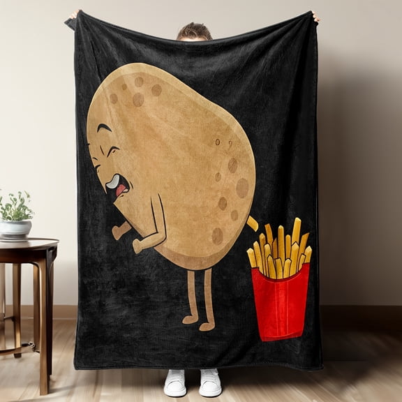 Soft Warm Flannel Blanket | Cartoon French-Style Fries Design for Potato Lovers | Cozy Sofa Bed Office Throw, Small Nap Blanket, Best Gift, Hypoallergenic, Durable, Snug Wrap, Whimsical