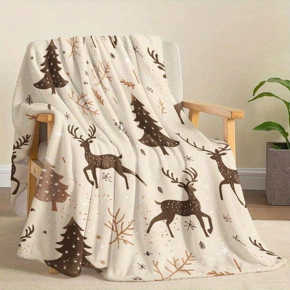 Soft Warm Flannel Christmas Blanket Elk Trees Snow Print Throw Blanket Multi-Purpose for Sofa, Bed, Office, Lunch, Camping, Travel, Gift for All Seasons
